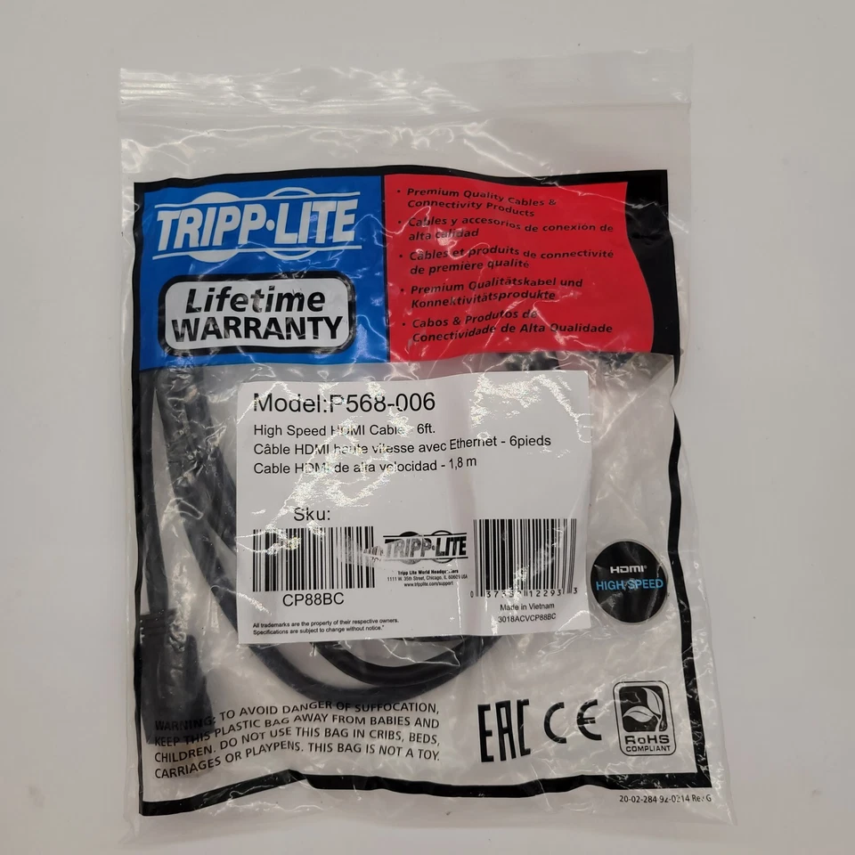 New Tripp Lite High Speed HDMI Cable 6-ft Model P568-006 [EJ20-1] - Image 1 of 4