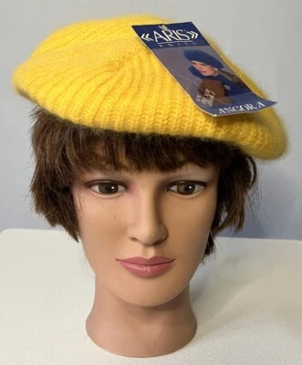 New Vintage Aris Yellow Knit Angora Blend Beret Winter Hat Fuzzy Sexy NWT - Image 1 of 4