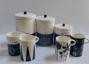 RAE DUNN VHTF INDIGO DREAMS RARE CANISTER SET (3), 4 MUGS & FIND PEACE VASE NWT - Picture 1 of 14