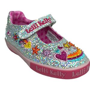 Lelli Kelly Toddler Girls Mary Janes Shoes Size 8 Silver / Pink Embroidered