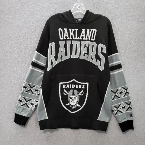 Oakland Raiders Men Sweater Large Black Colorblock Knit Team Logo Hooded 1960 Cover