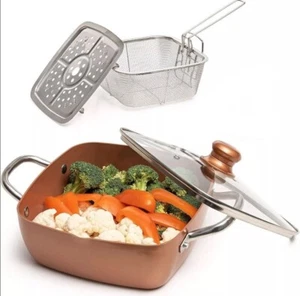 Copper 4 Piece Set Chef Cookware 9.5 Non Stick Pan Deep Square Pan Fry Basket S - Picture 1 of 7
