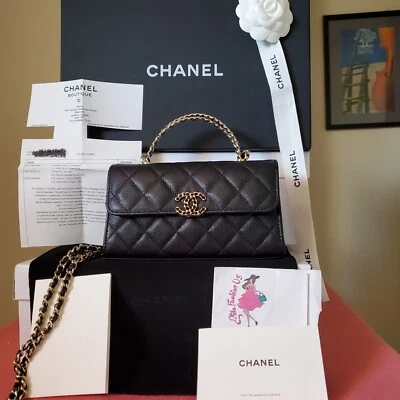 Chanel clásico mini bolso sin asas de cadena negro caviar dorado hw bolso con recibo soporte para teléfono Foto 1 de 4