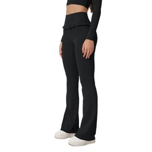 Women’s Black High Waisted Flare Yoga Pants – Bootcut Stretch Leggings w/ Ruffle - Picture 1 of 7