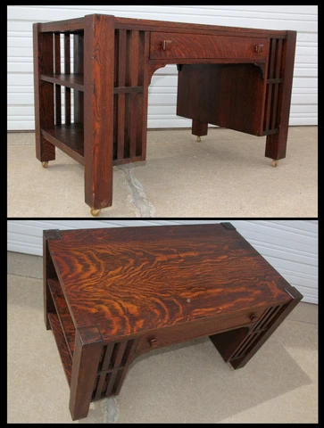 Antique Arts & Crafts Mission Tiger Oak Library Table SlatSide Bookshelves Desk Cover