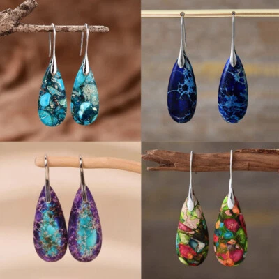 Natural Sea Sediment Jasper stone Teardrop Dangle Earrings Gemstone Drop Earring - Image 1 of 4