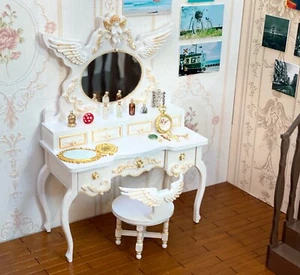 Handarbeit 1:6 Miniatur Puppenhaus Spiegel Schminktisch Stuhl Set kleiner Defekt - Bild 1 von 12