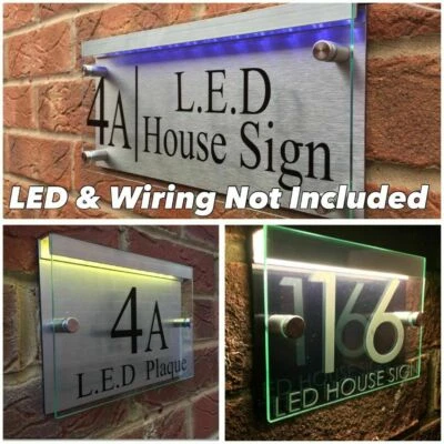 MODERN HOUSE SIGN PLAQUE DOOR NUMBER STREET GLASS ACRYLIC ALUMINIUM LED HOLDER - Image 1 of 3