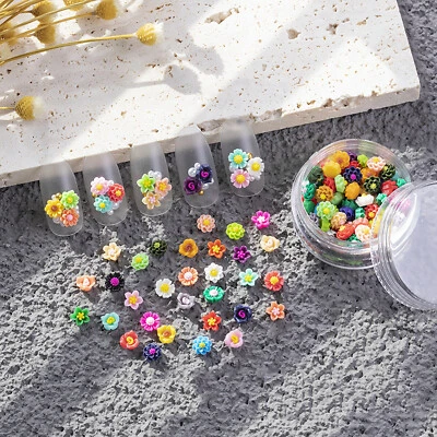 100 Pcs Mixed Color Flatback Resin Mini Flower Cabochons 6mm Nail Art Tip + Box - Image 1 of 4