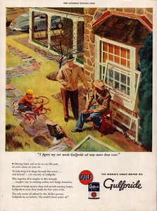 Gulf Gulfpride Oil Boy with Bicycle Grandpa & Dad in Yard Vintage Print Ad 1945 - Picture 1 of 4