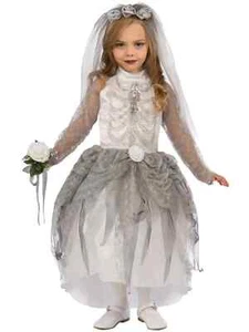 Girls Skeleton Bride Costume Ghost Spooky Wedding Halloween Kids Fancy Dress - Picture 1 of 1