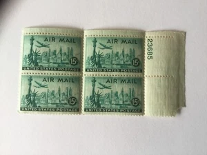 1947 New York Skyline .15 cent U.S. Air Mail Postage Stamp Block - Picture 1 of 4