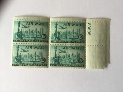 1947 New York Skyline .15 cent U.S. Air Mail Postage Stamp Block - Image 1 of 4