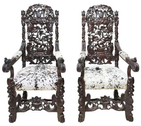 Antique  Armchairs, Throne, Pair, Cowhide, Monumental Figural Carved, 1800s!! Cover