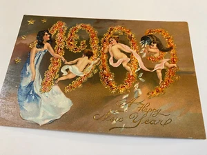 1908 New Year Post Card w/Angel & Cherubs ~ Cornucopia of Playing Cards~PC52 - Picture 1 of 6