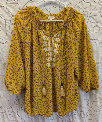 Top campesino amarillo mostaza Mason & Belle bordado Ditsy floral boho talla 2X Foto 1 de 4