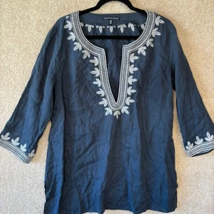 Top de lino bordado SAKS FIVE AVENUE talla XL azul campesino boho - Imagen 1 de 8