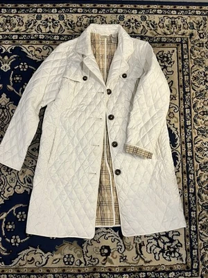 L.L.Bean Women’s Long Quilted Field/Riding Coat Jacket White XL Plaid 276593 - Image 1 of 4