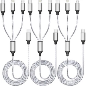 Multi Charging Cable 4ft 3Pack 3 in 1 Charger Cord, Multiple Usb White Silver - Picture 1 of 7