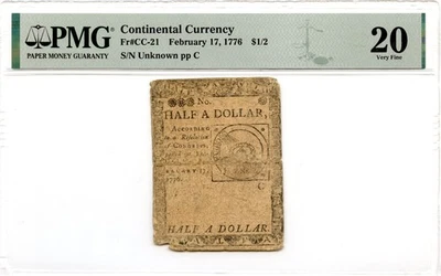 Continental Currency Fr#CC-21 February 17, 1776 $1/2 PMG VF-20 *Fugio Note* - Image 1 of 2