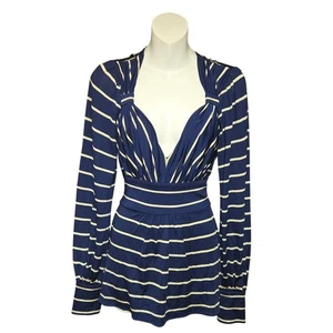 Tracy Reese Womens S Top Striped Stretch Plunge Neck Tie Back Nautical Babydoll - Picture 1 of 10