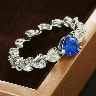 3Ct Heart Cut Simulated Blue Sapphire Wedding Band Ring In 14k White Gold Plated - Image 1 of 4