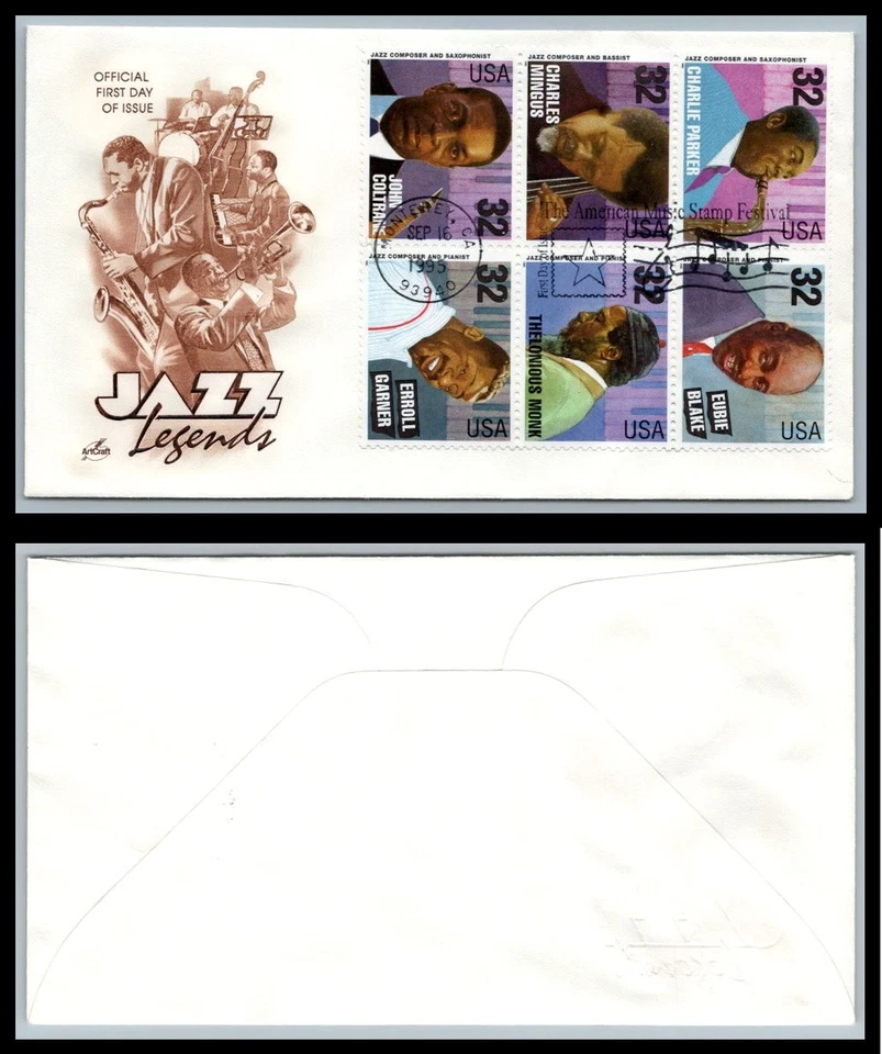 US FDC # 2987-2992 32c American Music ArtCraft block of 6  1995, 9p8849 - Image 1 of 1