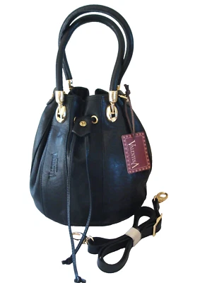 Valentina In Pell Bolso Cubo Cuero Negro Hecho en Italia + Correa Bandolera Foto 1 de 4