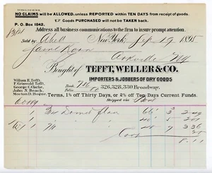 Recibo de mercancías secas de Nueva York 1895 Tefft, Weller & Co. a James Ross de Arkville NY - Imagen 1 de 2