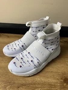 Champion Shoes Woman’s Size 8.5w White Rally Script Print High Top - Picture 1 of 9