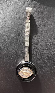 14K WHITE Gold Natural .35CT Round Baguette Diamond Black Onyx Drop Pendant 49mm - Picture 1 of 12