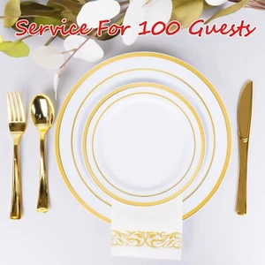 600 Piece Gold Dinnerware Set for 100 Guests, Disposable for Party - Picture 1 of 2