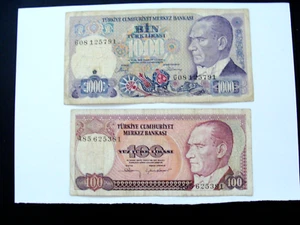1970,1983 ND TURKEY BANK BANKNOTE 1000,100 LIRASI CIRC. - Picture 1 of 2