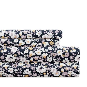  4 Piece Pattern Microfiber Bed Sheets Set, Floral Dream Navy, Queen - Picture 1 of 7