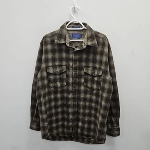 Pendleton Vintage Brown Tweed Plaid Flannel Chore Barn Long Shirt Wool Large - Picture 1 of 7