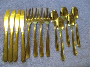 Cambridge Gold Tone Flatware Set 13 Piece Lot Knives Forks Spoons Service for 4 - Picture 1 of 4