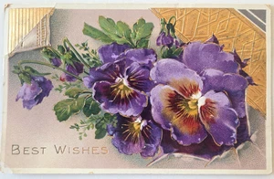 Vintage German Postcard Embossed Gold Foil Purple Pansy Flower Best Wishes - Picture 1 of 6