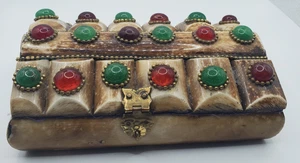 Vtg. Bone Hinged/Jewelry Trinket Box Multiple Stones And Brass  Velvet Lined - Picture 1 of 6
