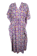Bohemian Women Purple Floral Long Caftan Kimono Sleeves Cotton Cover Up Dress 