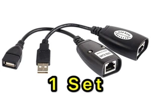 USB Extension Ethernet RJ45 Cat5e/6 Cable LAN Adapter Extender Over Repeater Set - Picture 1 of 3