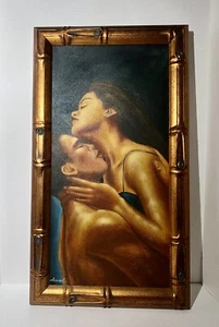 Gerahmtes Gemälde signiert M. Harold schöne Frau & Mann gewagter Akt Öl Leinwand - Bild 1 von 13