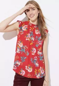 NWT Women's Ann Taylor LOFT Red Floral Smocked Neck Flutter Shell Top Sz XL - Picture 1 of 13