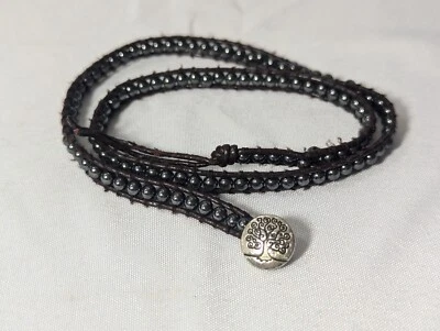 Collar Pulsera Árbol de la Vida 20" Dije Hematita Cuentas Cuero Negro Dije Medianoche Foto 1 de 4