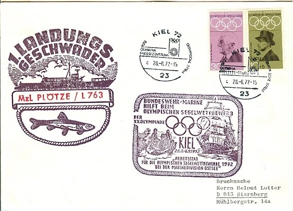 Germany Olympic Games Munich 1972 cover Kiel shippost MzL PLÖTZE / L 763 - Image 1 of 1