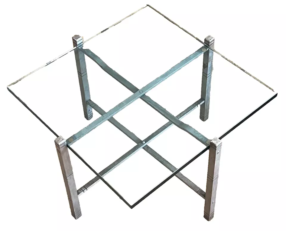 Mesa auxiliar Art Deco Machine Age Industrial Streamline aluminio X vidrio de colección Mcm Foto 1 de 4