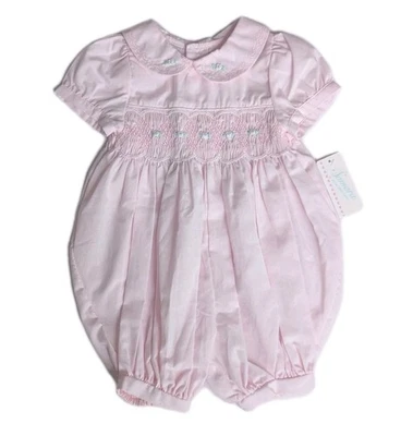 Pagliaccetto a bolle rosa bambina fumè ricamato manica a sbuffo colletto nuovo con etichetta 6 mesi - Immagine 1 di 4