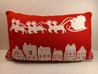 Holiday Christmas Crewel Embroidered Lumbar Pillow Santa Sleigh Rooftops 19 X 11 - Image 1 of 4