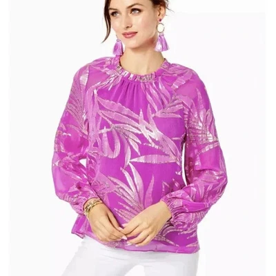 Блузка шелковая Lilly Pulitzer розовая калиновая металлик ладонь лист с принтом топ женская XS - Изображение 1 из 4