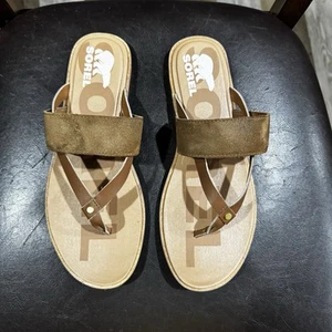 Sorel Ella II einfache Damen-Flip-Flop-Sandalen Größe 9 braun Wildleder Riemen EUC-lesen - Bild 1 von 6