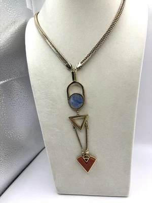 Gold Tone Contemporary Pendant Necklace W/ Sodalite & Red Jasper By Zara - Image 1 of 4